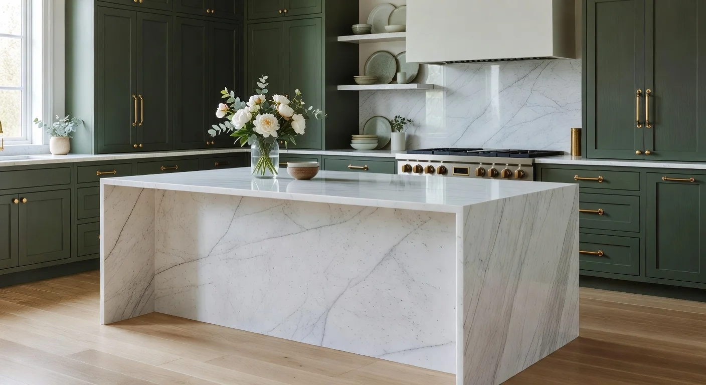 An AI-generated kitchen remodel featuring green cabinets and a marble island.