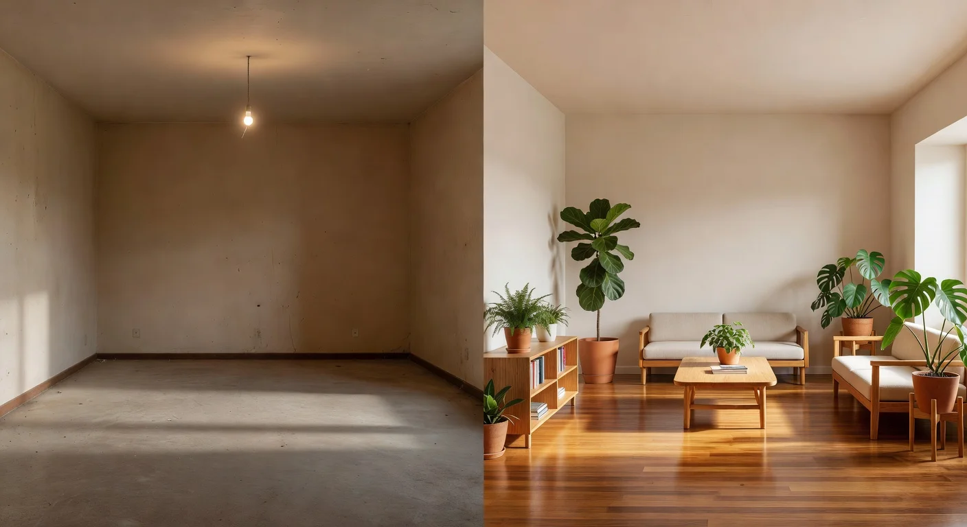A split-screen showing a messy bedroom on the left and a clean, AI-generated modern japandi bedroom on the right.