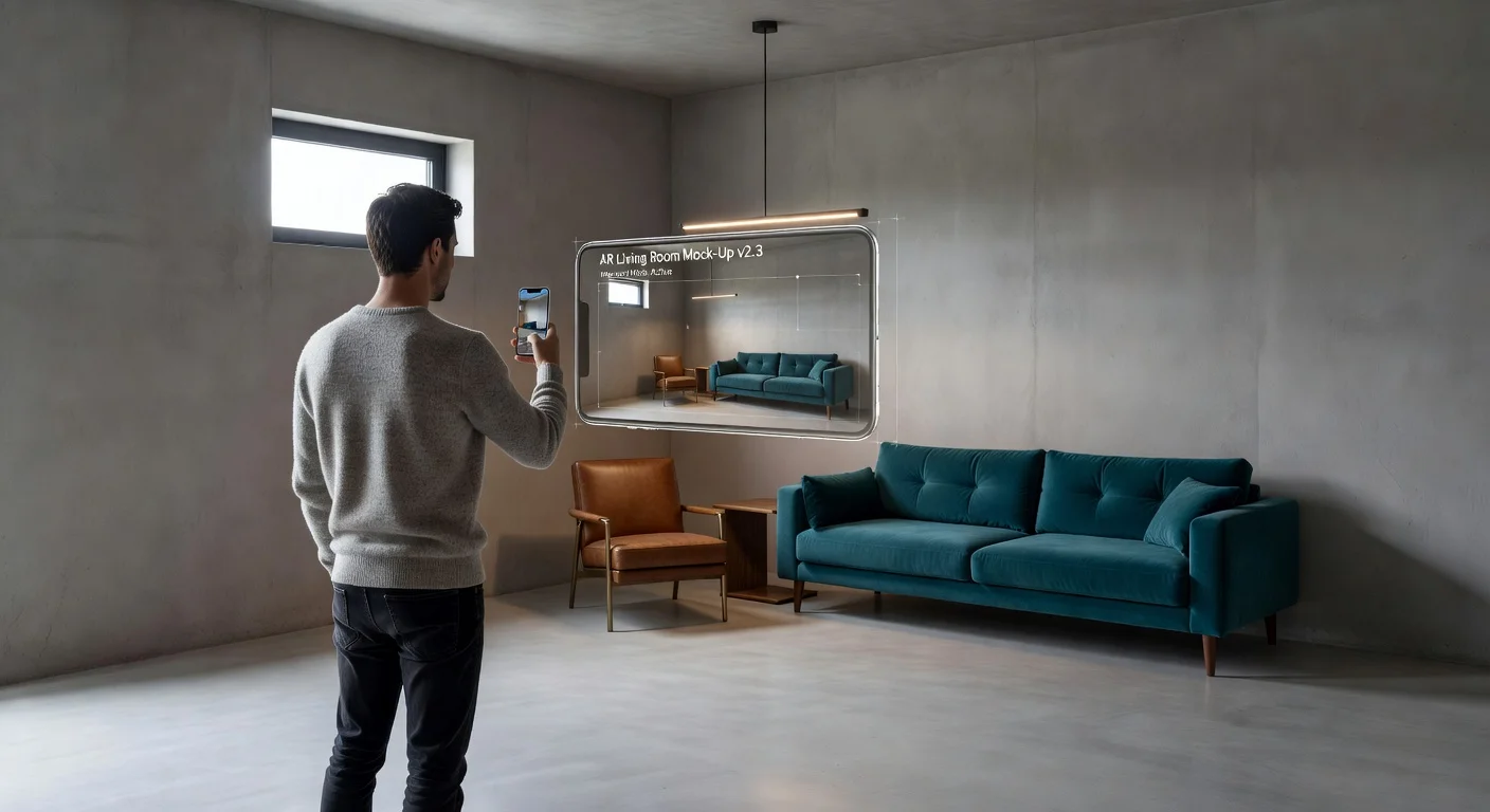 Scanning a living room corner with an AI room designer app on a smartphone.