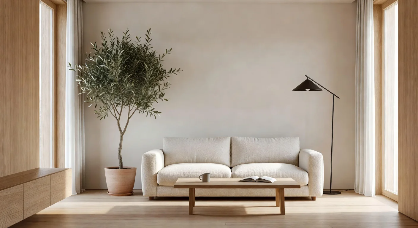 A well-decorated modern living room with organic textures and natural light