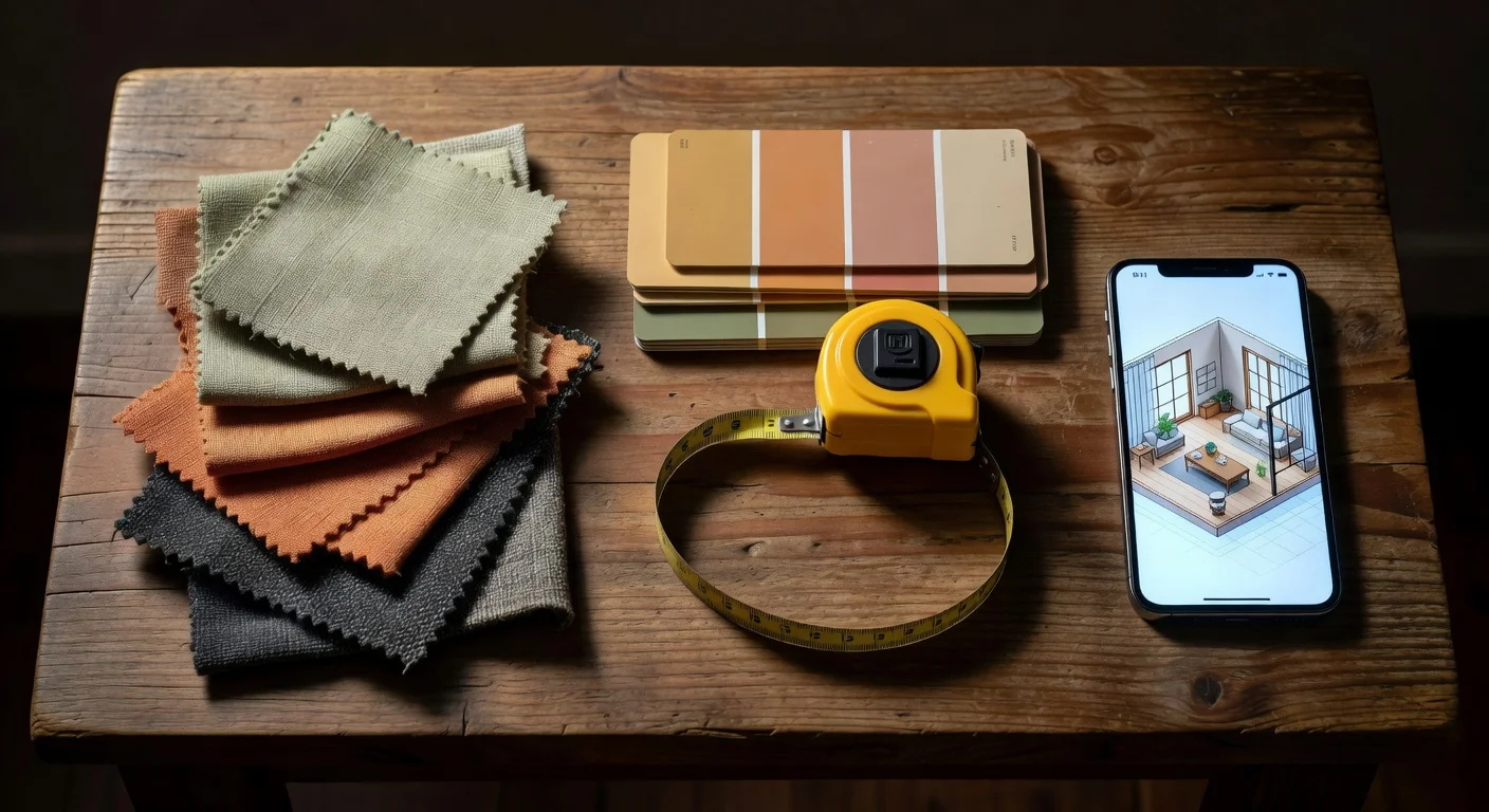 Interior design mood board with fabric swatches and paint samples