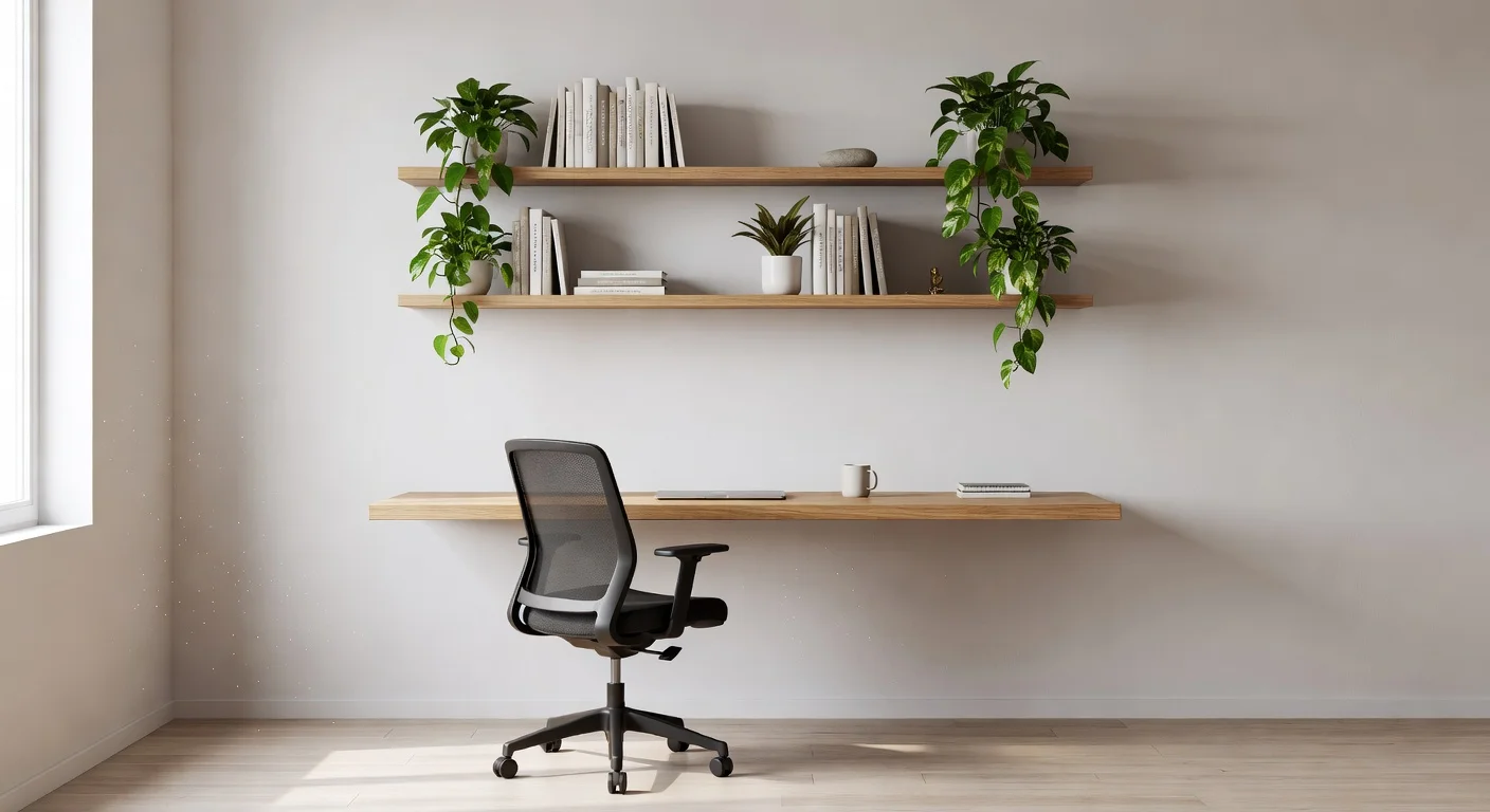 Modern home office with wood desk and decorative plants