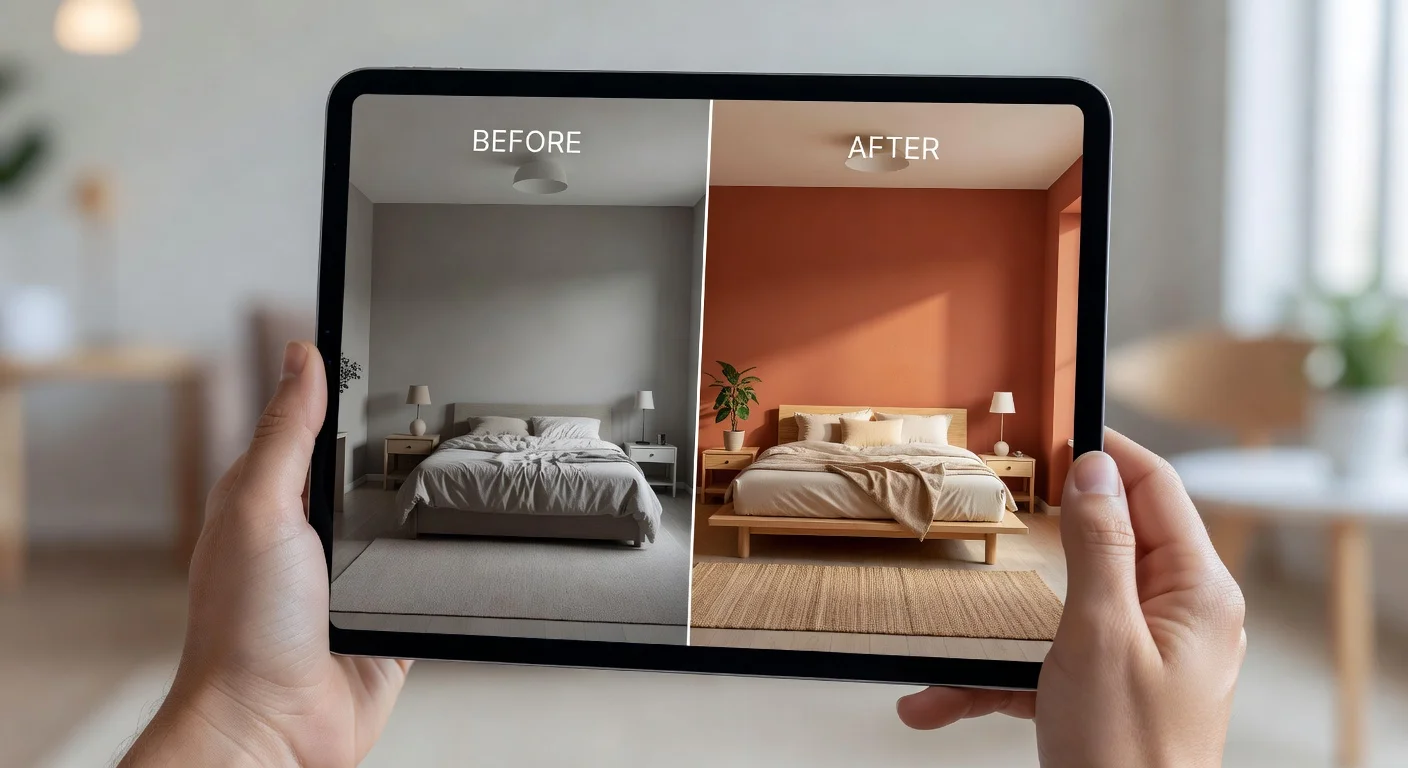 Tablet showing a before and after digital room decoration