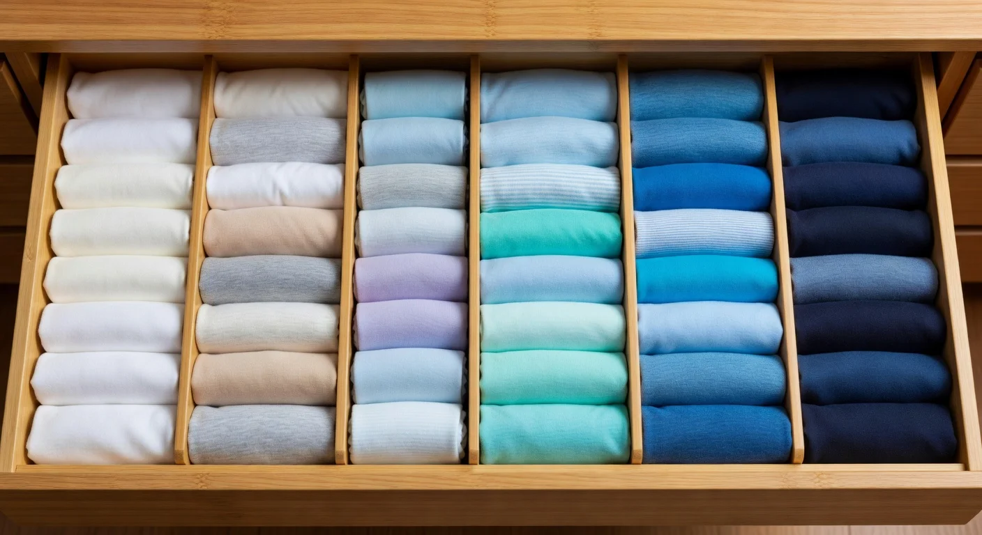 A dresser drawer split with bamboo dividers to maximize storage layout.