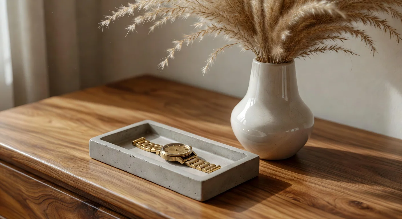 Dresser top styling using the rule of three with a tray and vase.