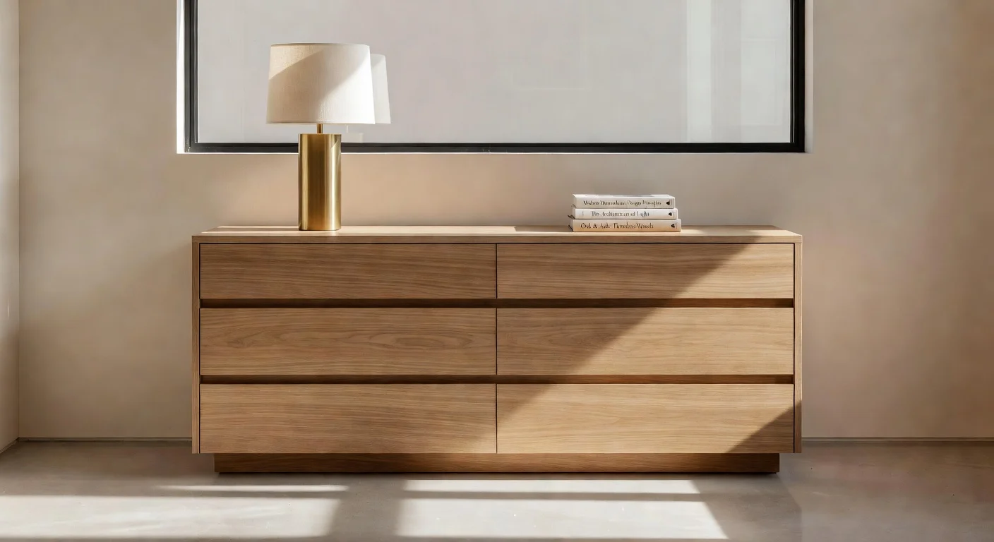 A modern bedroom highlighting a wide oak dresser properly spaced under a window