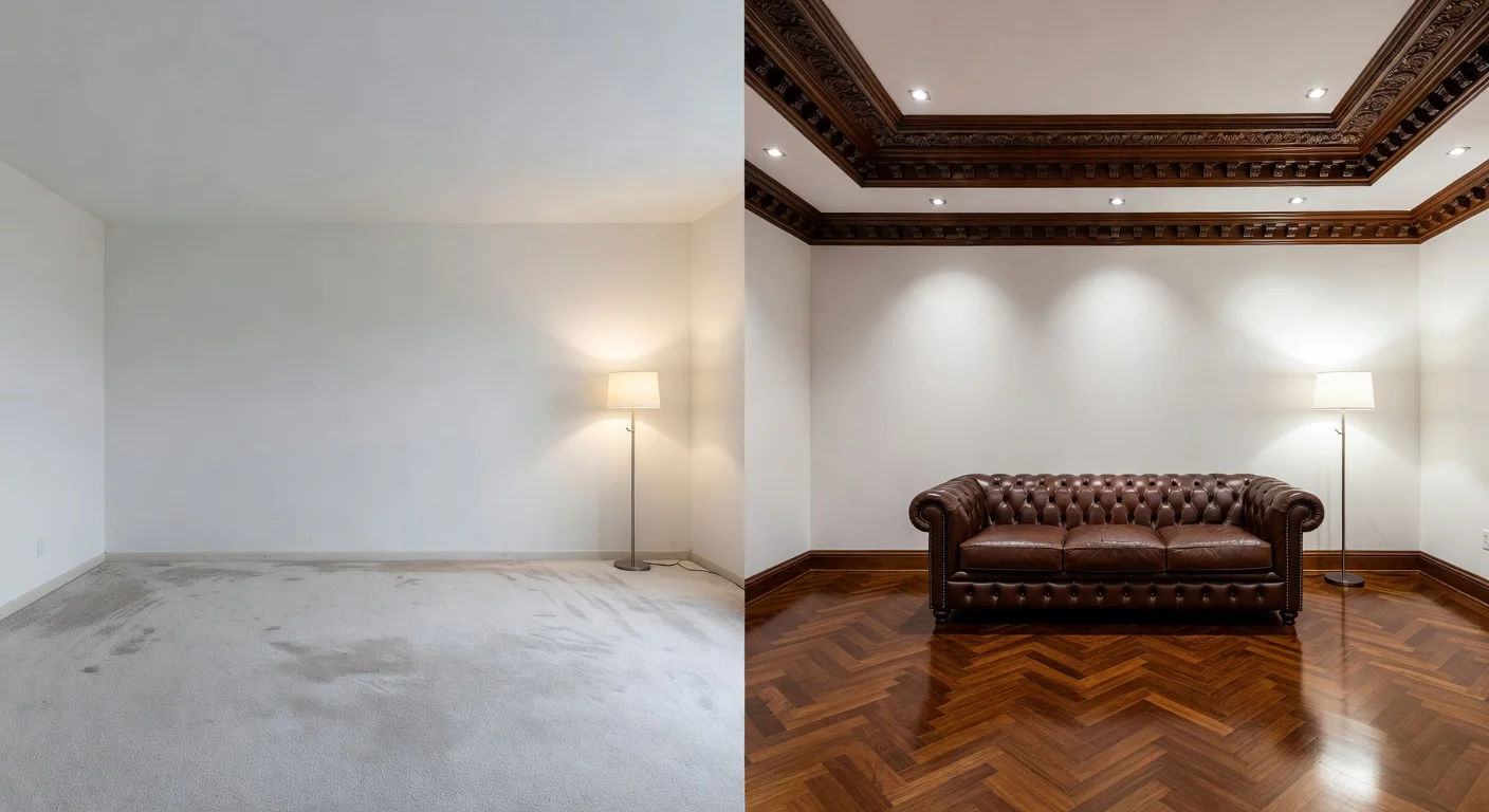 Before and after comparison showing how AI translates a plain room into a grand decor style.