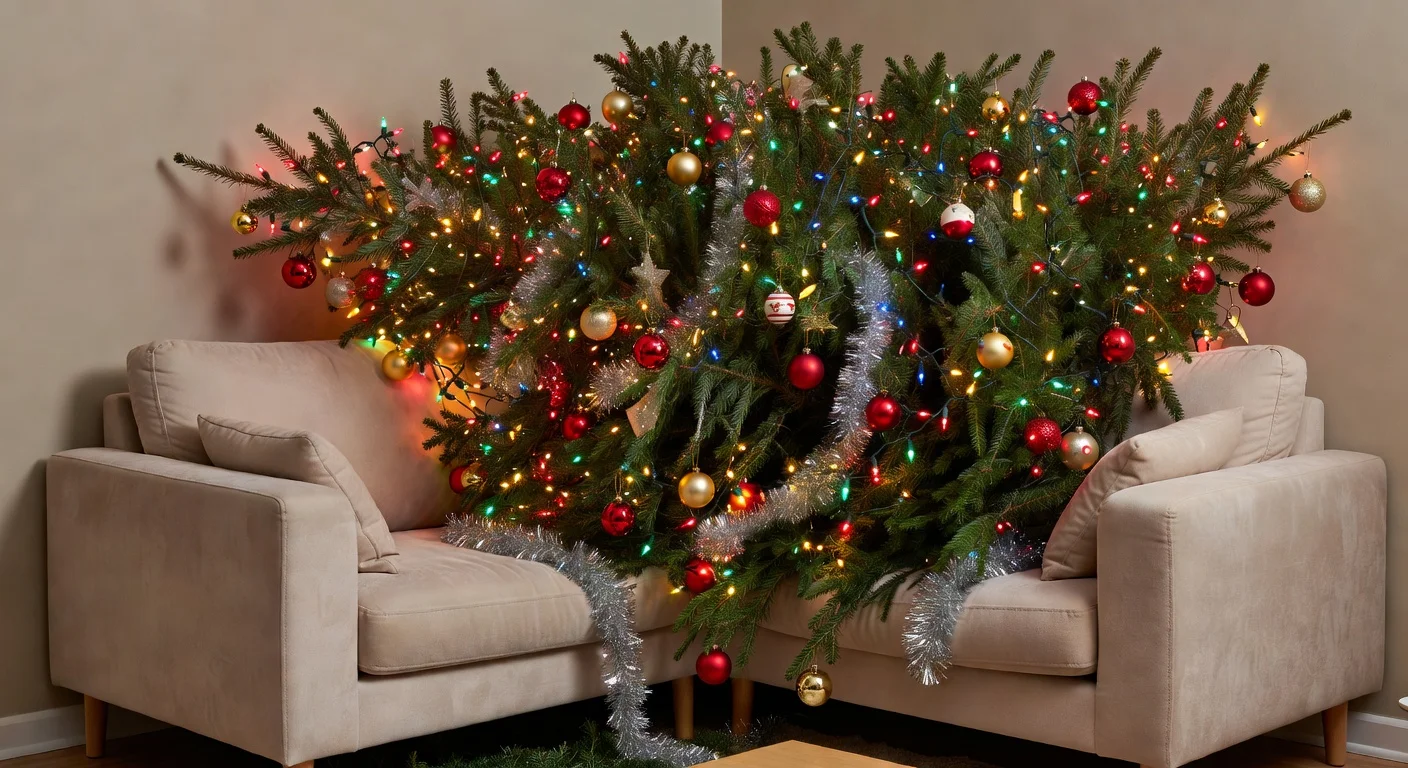 An unfortunately oversized holiday tree taking up too much space next to a couch.