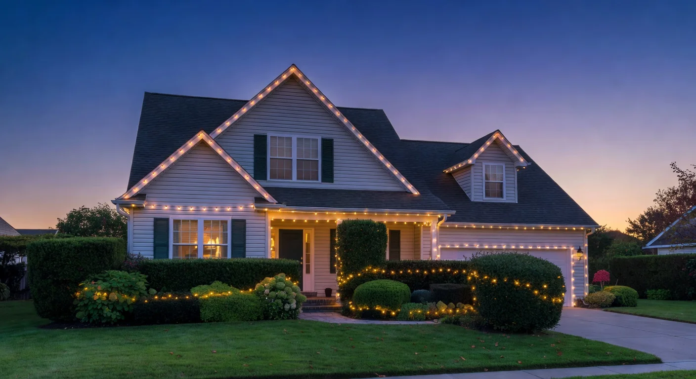 Digital rendering of outdoor string lights mock-up on a suburban house.