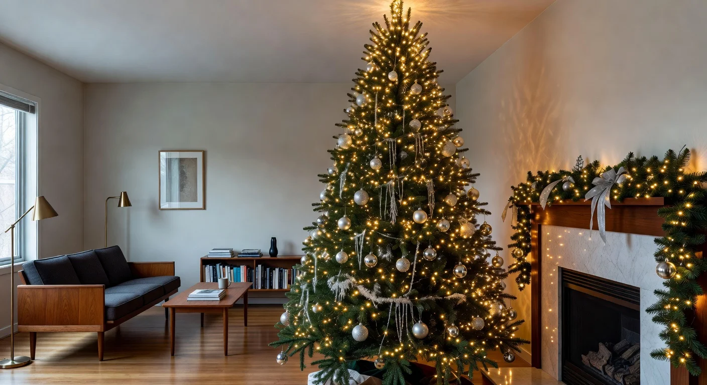 A living room decorated for the holidays superimposed over an AI scanning interface.