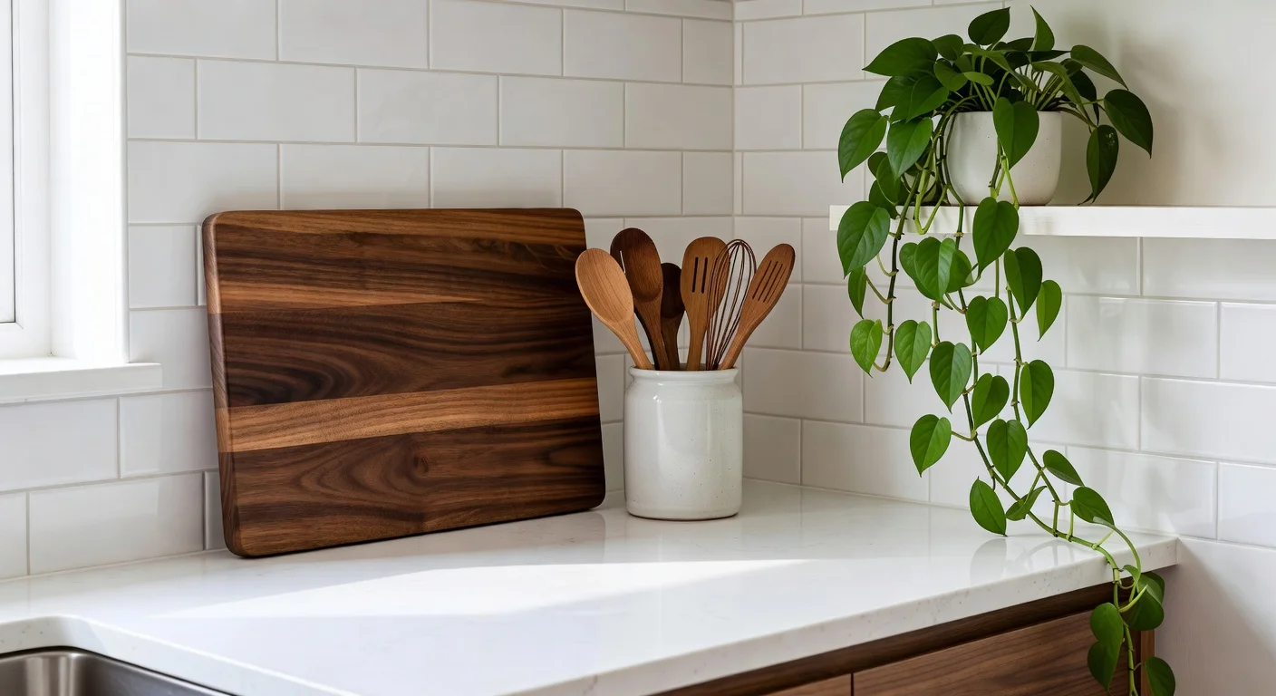 Functional kitchen decor things like wooden cutting boards and ceramic crocks.
