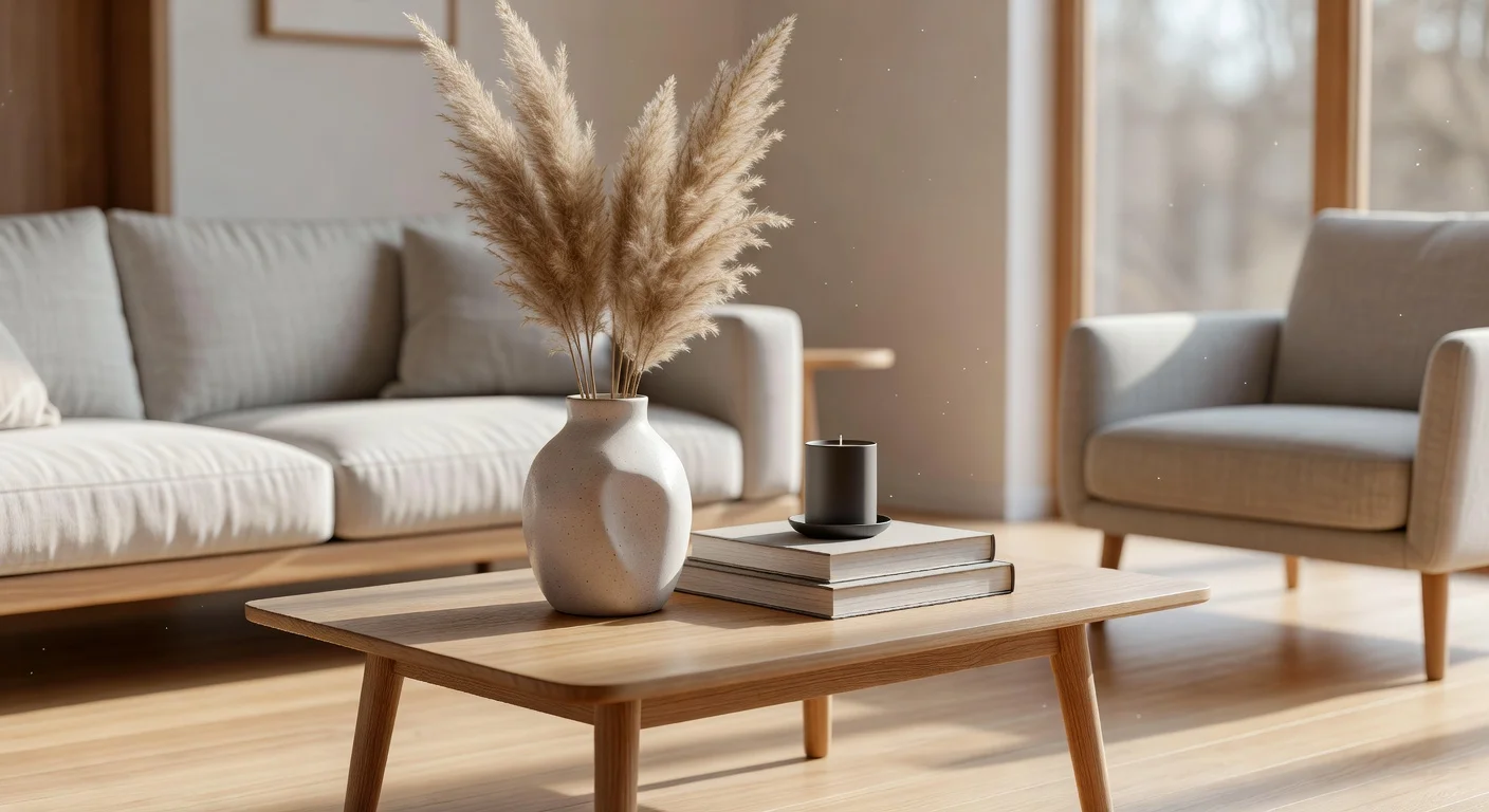 A modern living room featuring curated home decoration things like vases, throw pillows, and framed wall art.