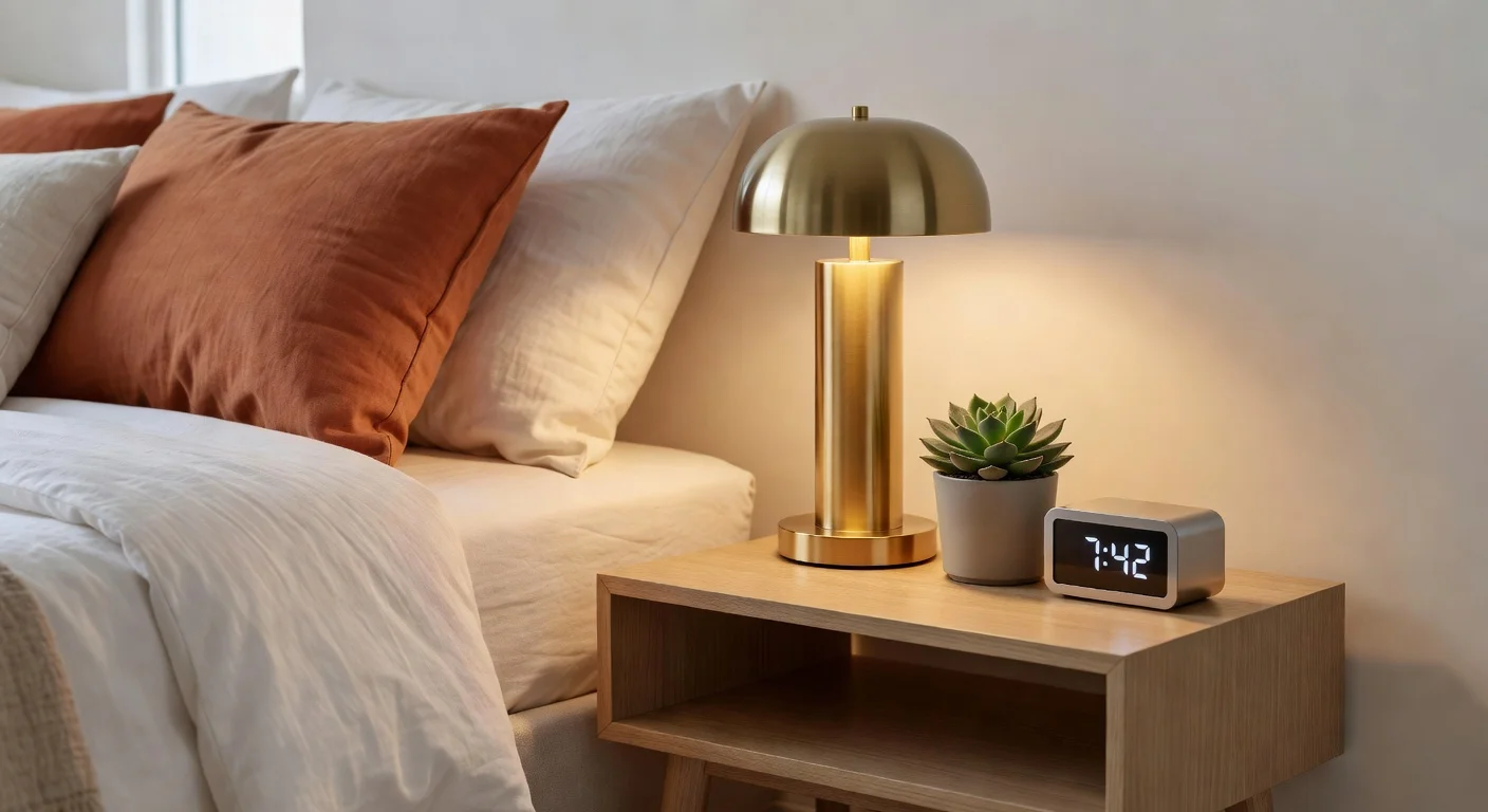 Modern bedroom decor items including a brass bedside lamp and textured throw pillows.
