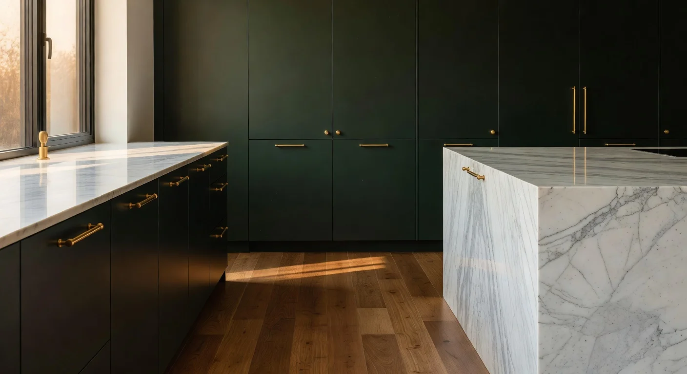 AI generated kitchen layout featuring dark green cabinetry and brass accents.