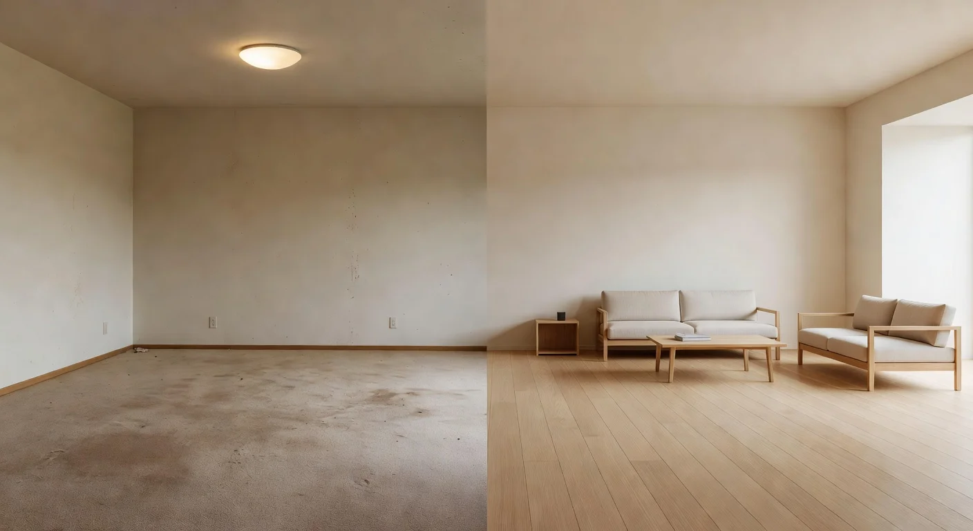 A split screen showing a messy bedroom and a clean, AI-generated modern japandi redesign.