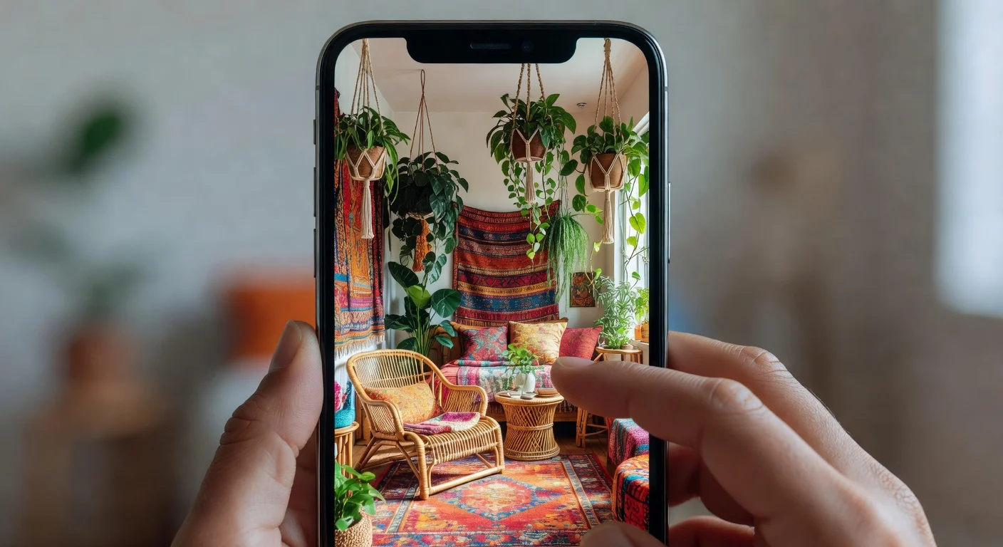 User checking bohemian bedroom styles on a mobile home design app.
