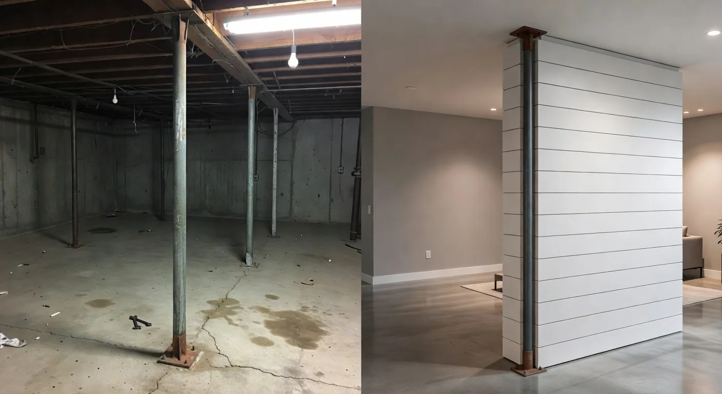 Before and after of an ugly basement steel pole wrapped in decorative shiplap trim.