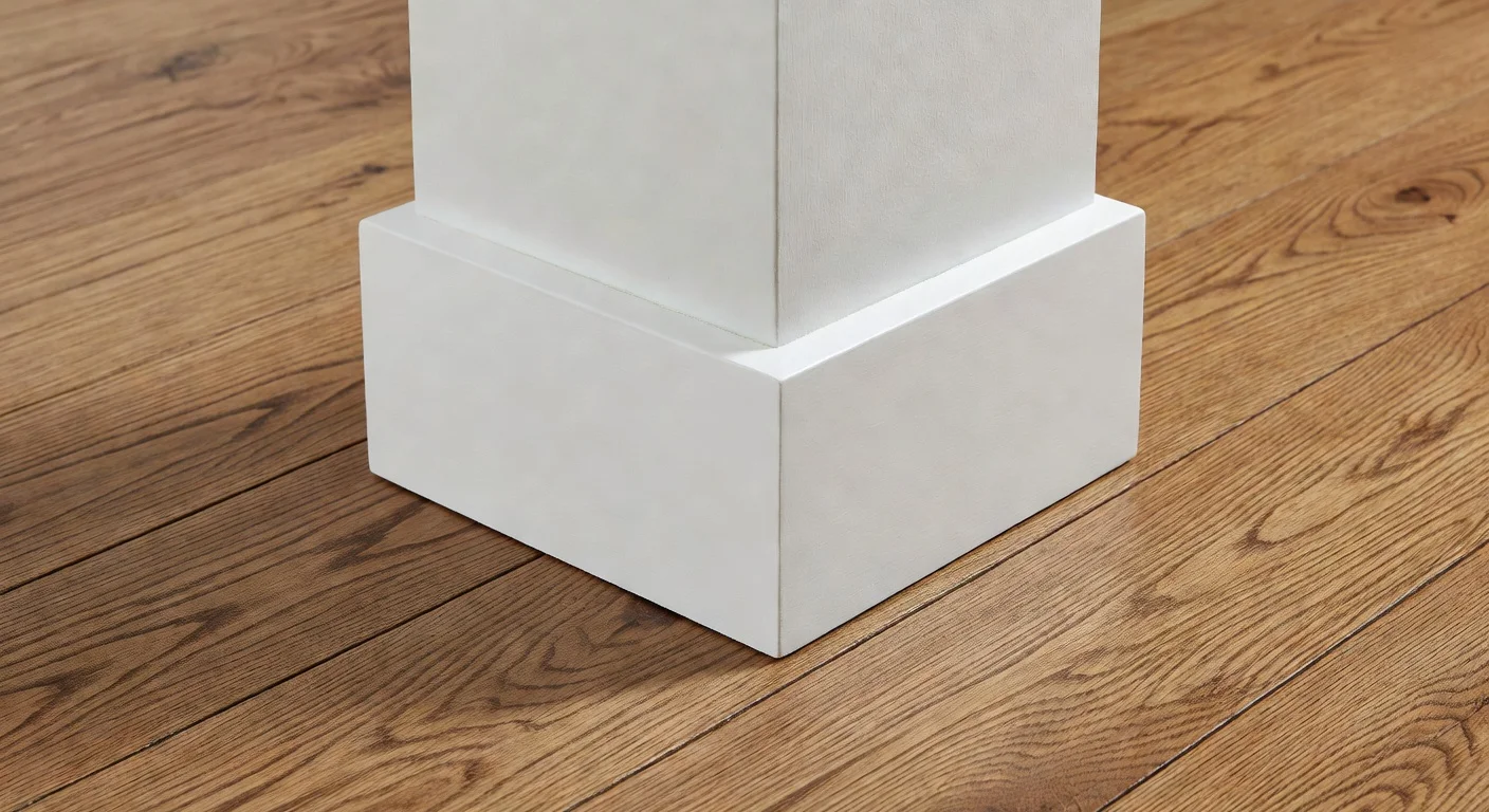 Close up of square column base molding resting on hardwood floors.