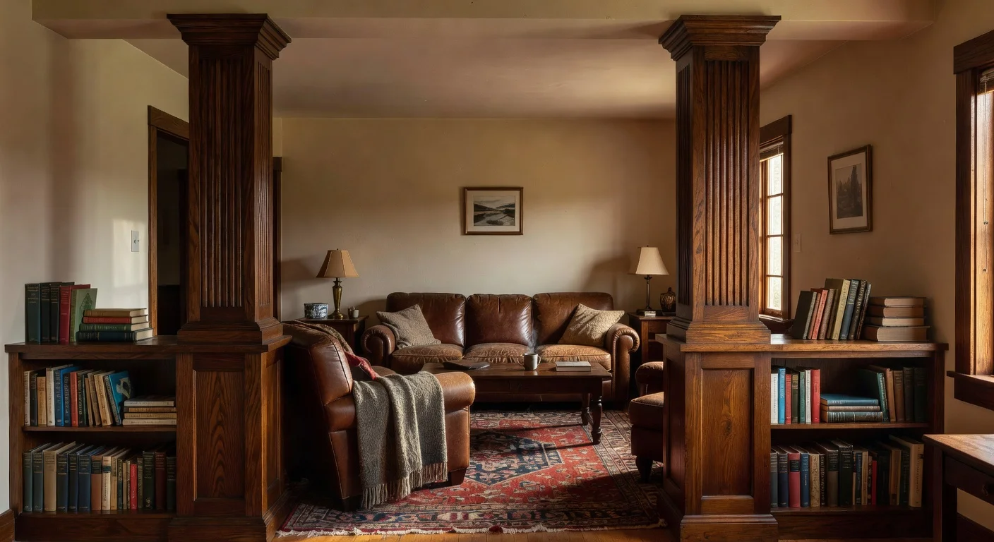 Craftsman room dividing columns resting on half walls with bookshelves.