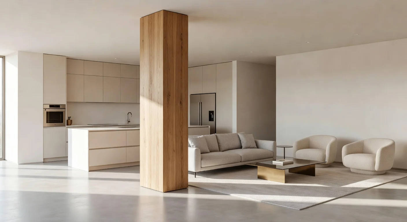 A beautifully wrapped fluted wood pillar separating a modern kitchen and living room