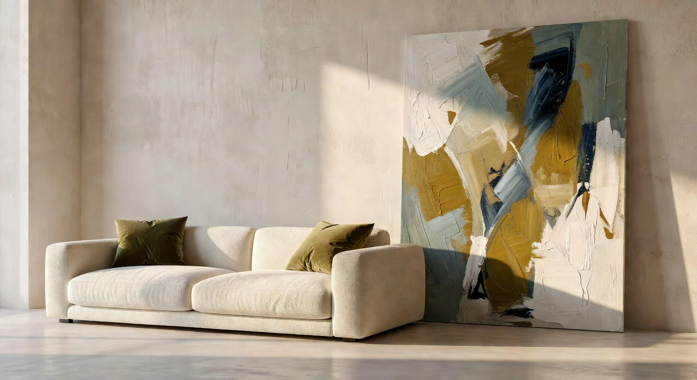 A modern Japandi style living room with neutral colors and natural wood textures