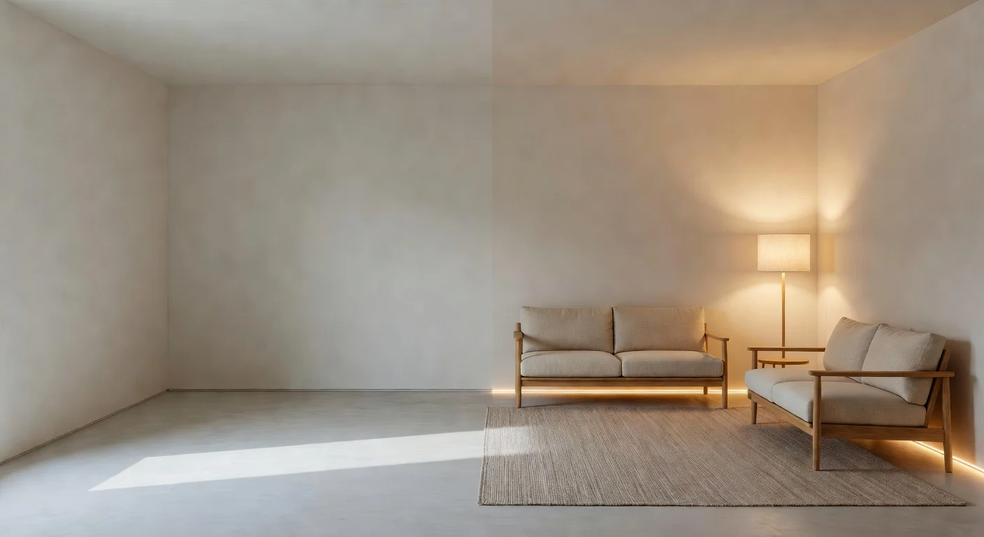 A modern living room split in half showing an empty space and an AI styled room