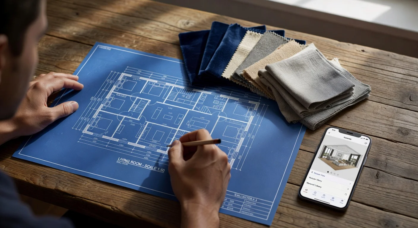 Interior designer reviewing blueprints and fabric swatches on a wooden table