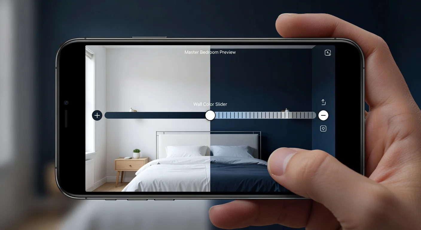 Smartphone app displaying an interactive master bedroom remodel