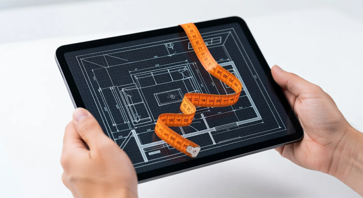 Drafting a living room layout using a digital app on a tablet.