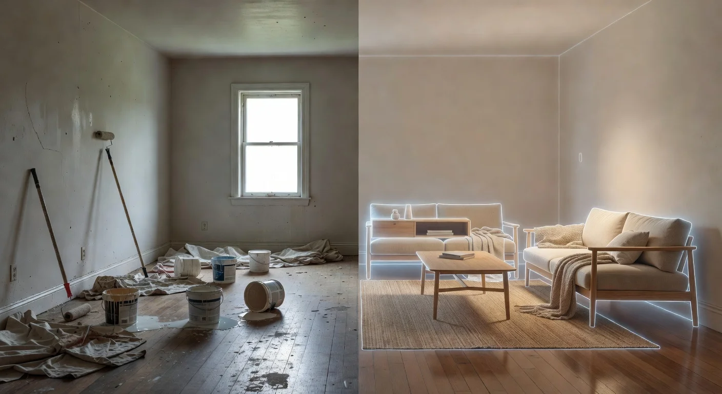 A comparison showing an empty room transforming into a fully mapped modern living space