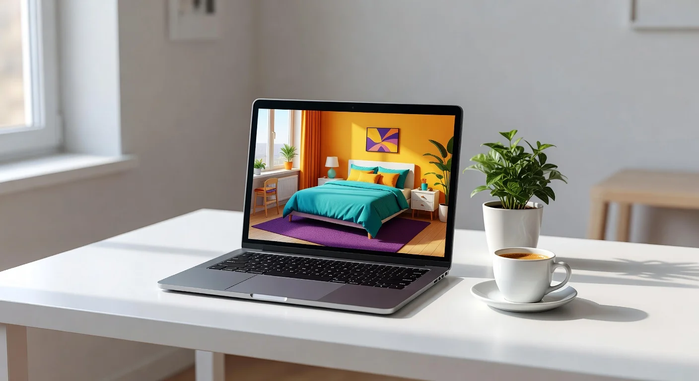 A finished 3D bedroom render displaying on a modern laptop screen.