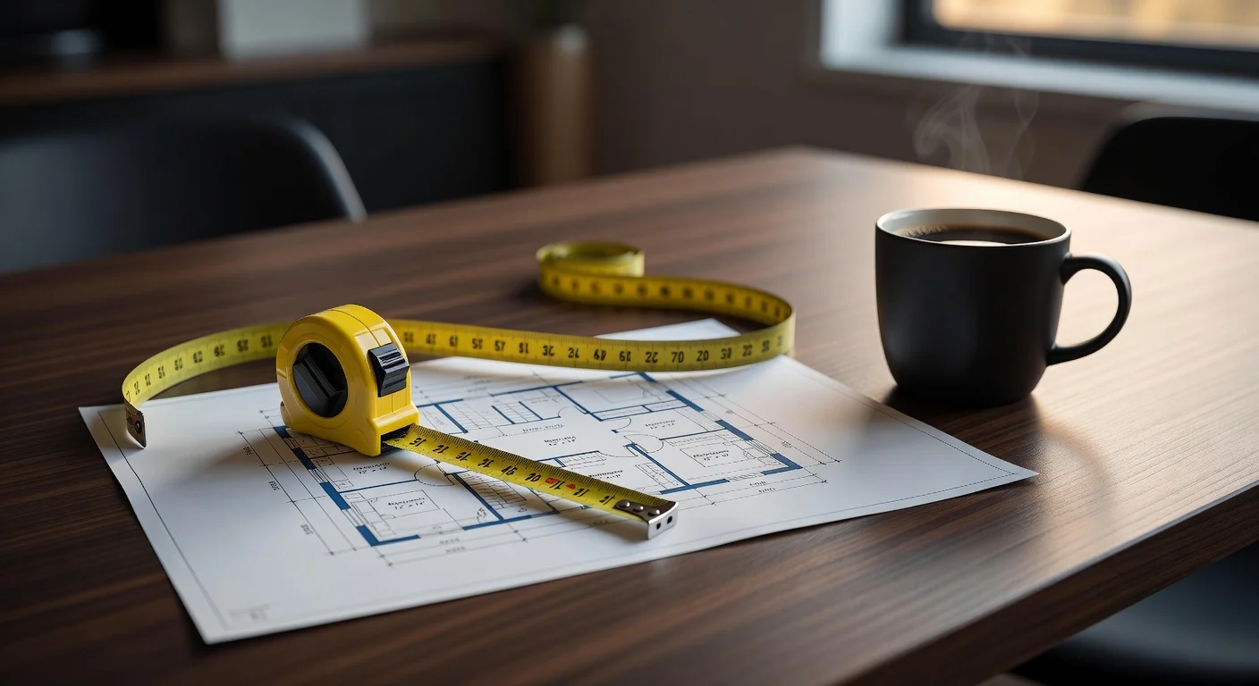A physical tape measure resting on top of printed room layout blueprints.