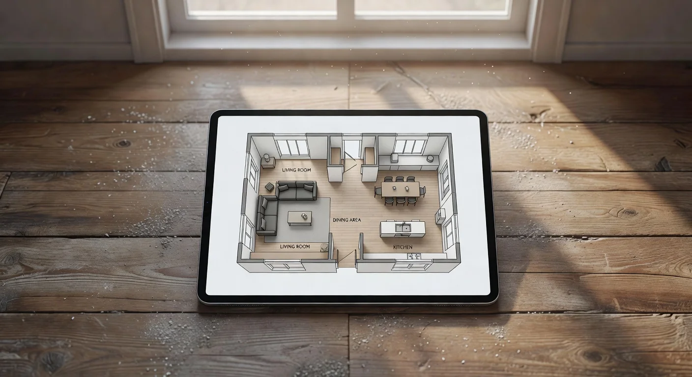 A digital tablet showing a living room layout mapped over a real physical space