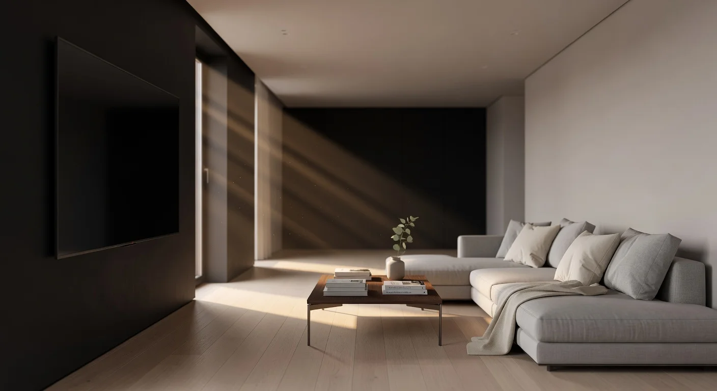 A long rectangular living room showing optimal TV placement to avoid window glare.