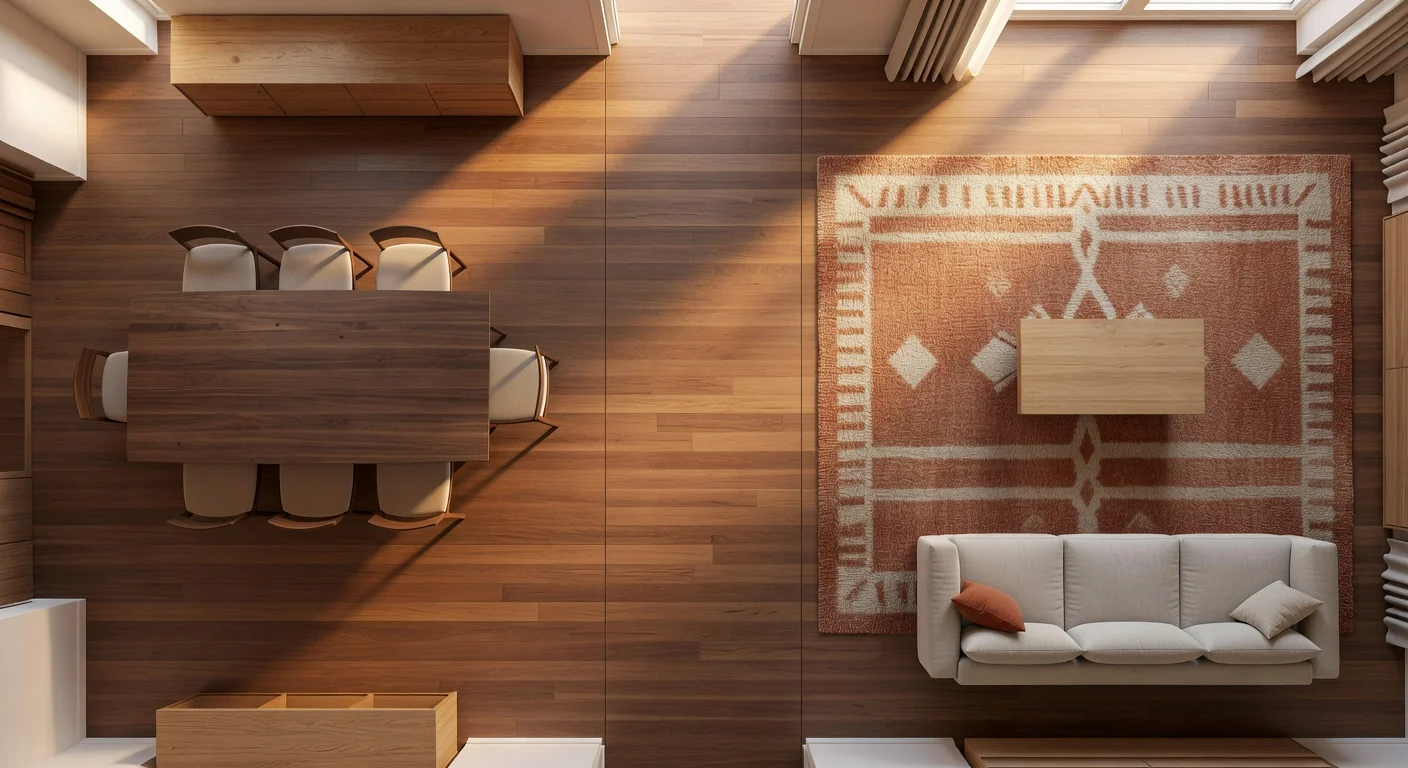 Top-down view of an open floor plan showing clear walkways between functional living zones.