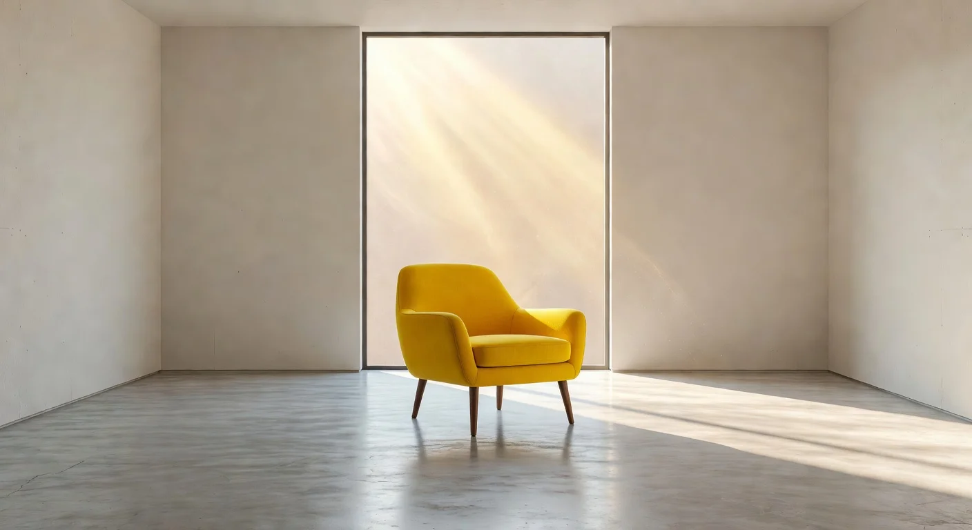 An empty room anchored by a single bright yellow statement chair