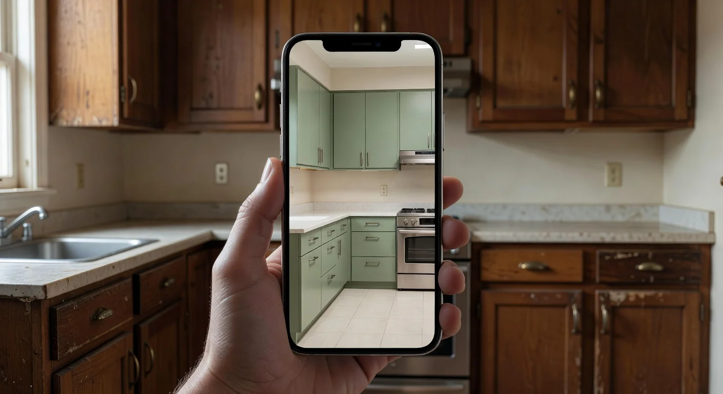 Testing new kitchen cabinet colors using AI room planner on mobile