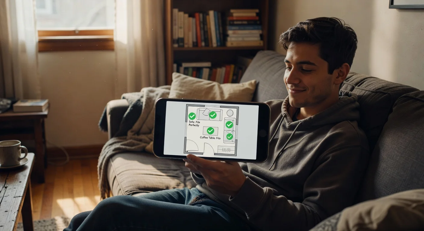 Using a smartphone to plan an open concept furniture layout in a small apartment