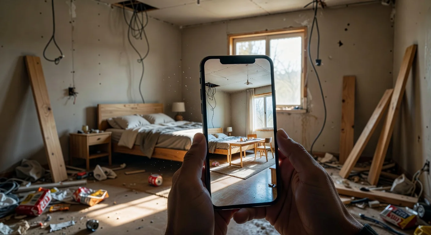 A minimalist modern bedroom generated by a digital interior design app on a smartphone screen.
