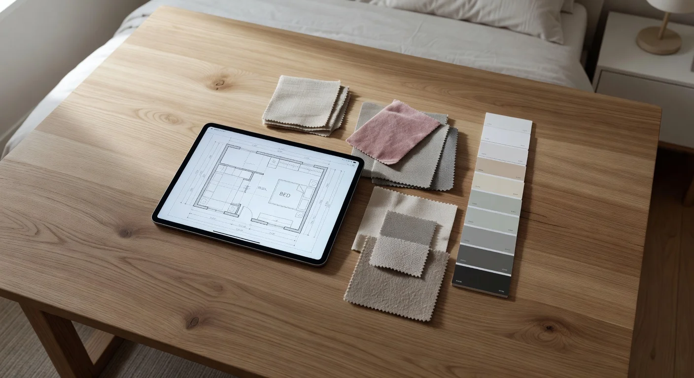 iPad running a room planner bedroom application next to physical paint swatches and fabric samples.