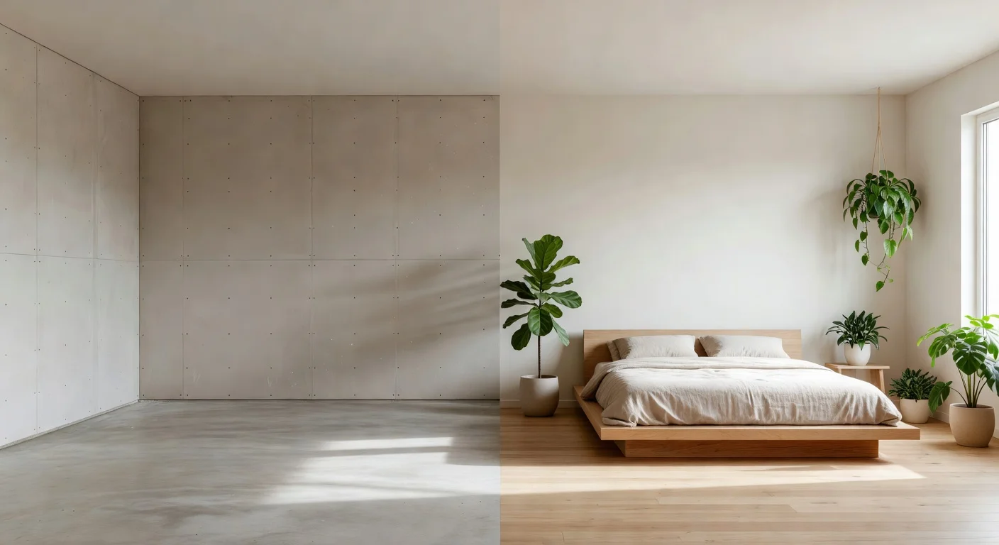 Side-by-side comparison of an empty master bedroom and an AI-generated furnished layout.