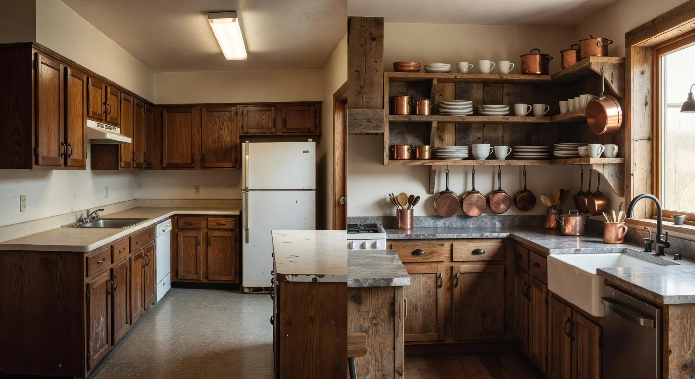 A before and after comparison of an outdated kitchen transforming into a rustic space.
