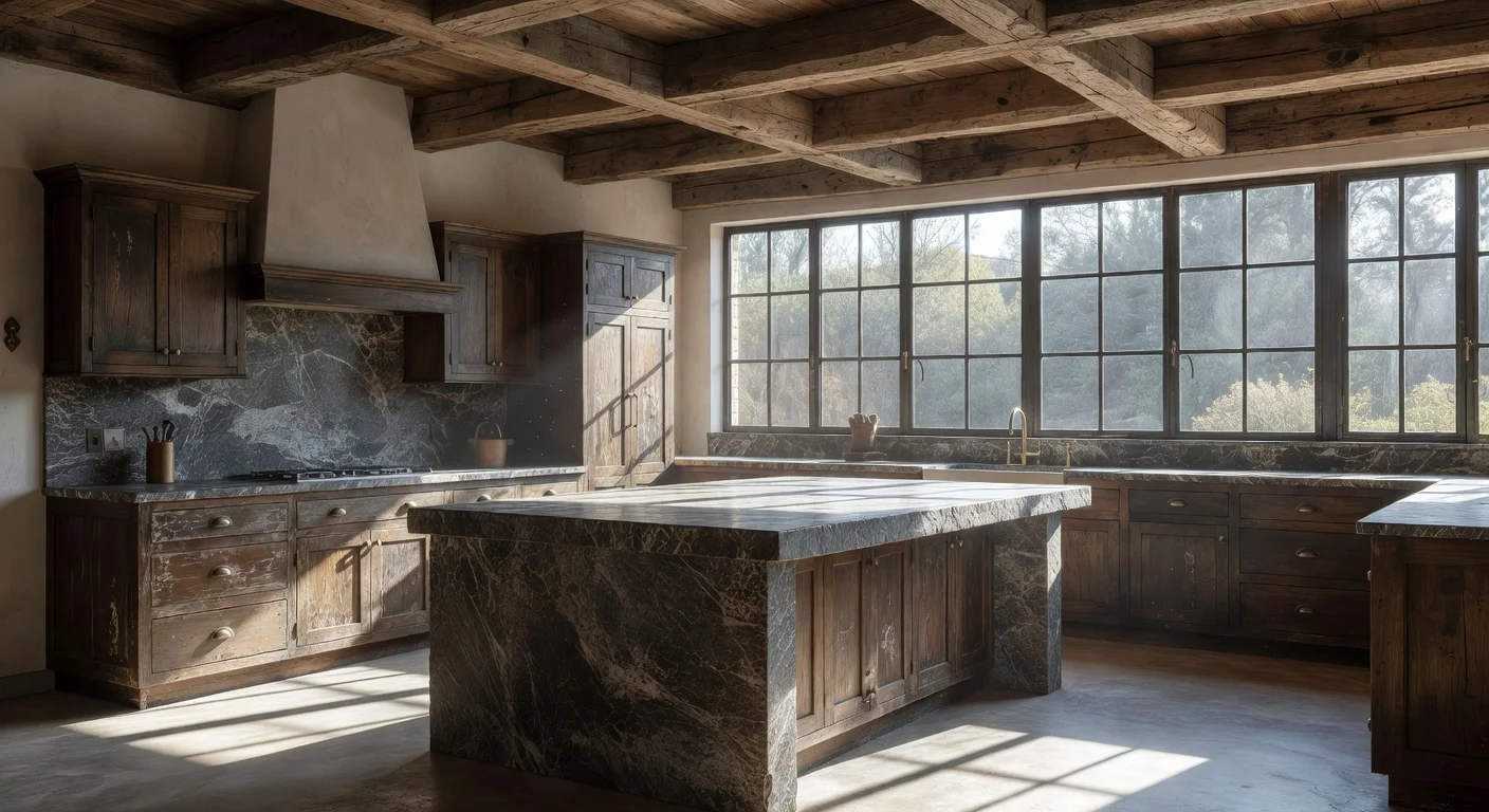A newly renovated rustic kitchen featuring reclaimed wood beams and a large stone island