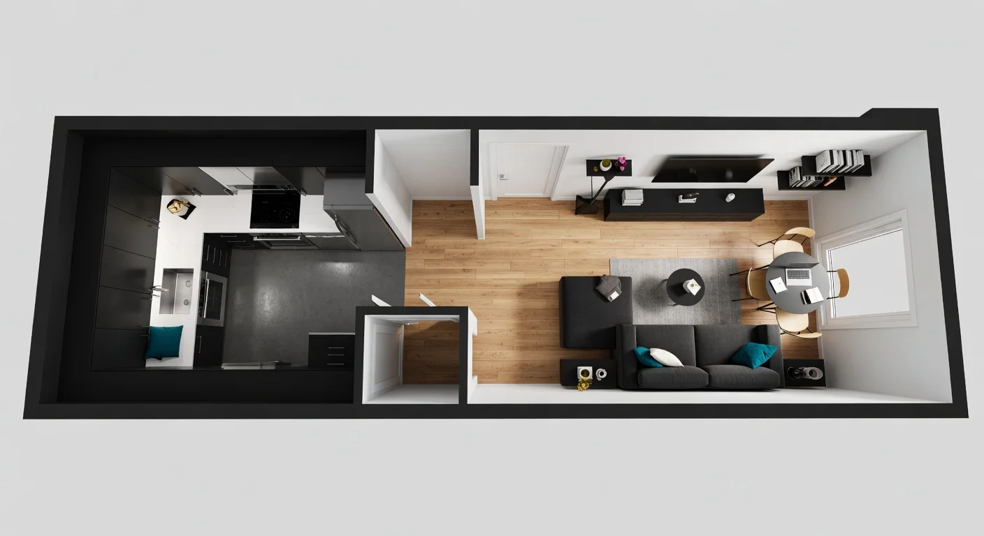 Top-down view of a well-organized small apartment floor plan.