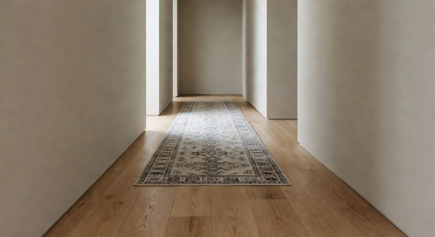 Wide floor planks running parallel to the wall to make a narrow hallway appear wider.