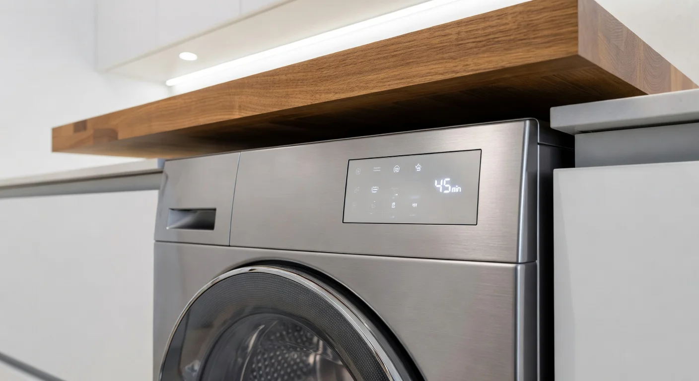 A ventless combo washer dryer installed directly beneath a wooden countertop to save space.