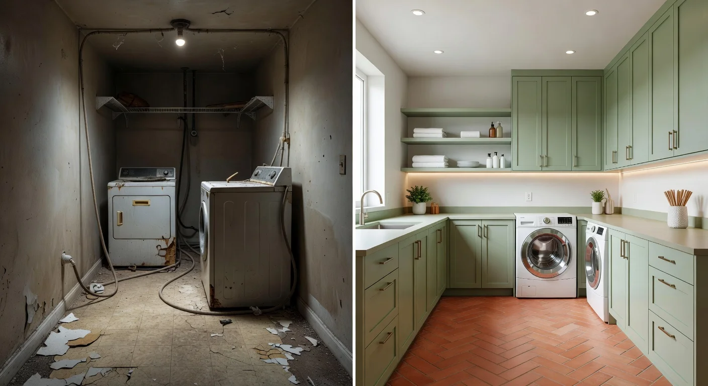 An AI generated before-and-after of a tiny utility room remodel showing updated floors and paint.