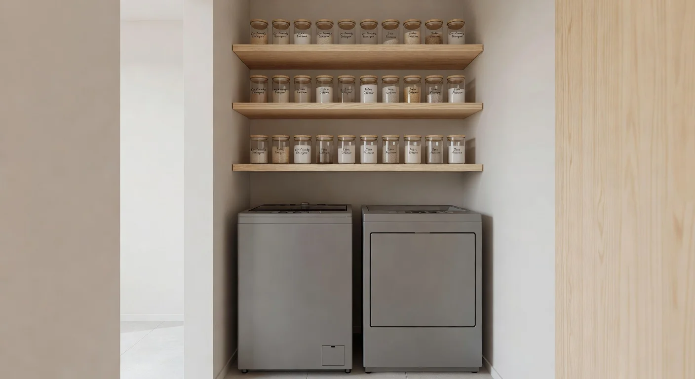 A compact modern laundry nook with stackable washer dryer and wooden shelving