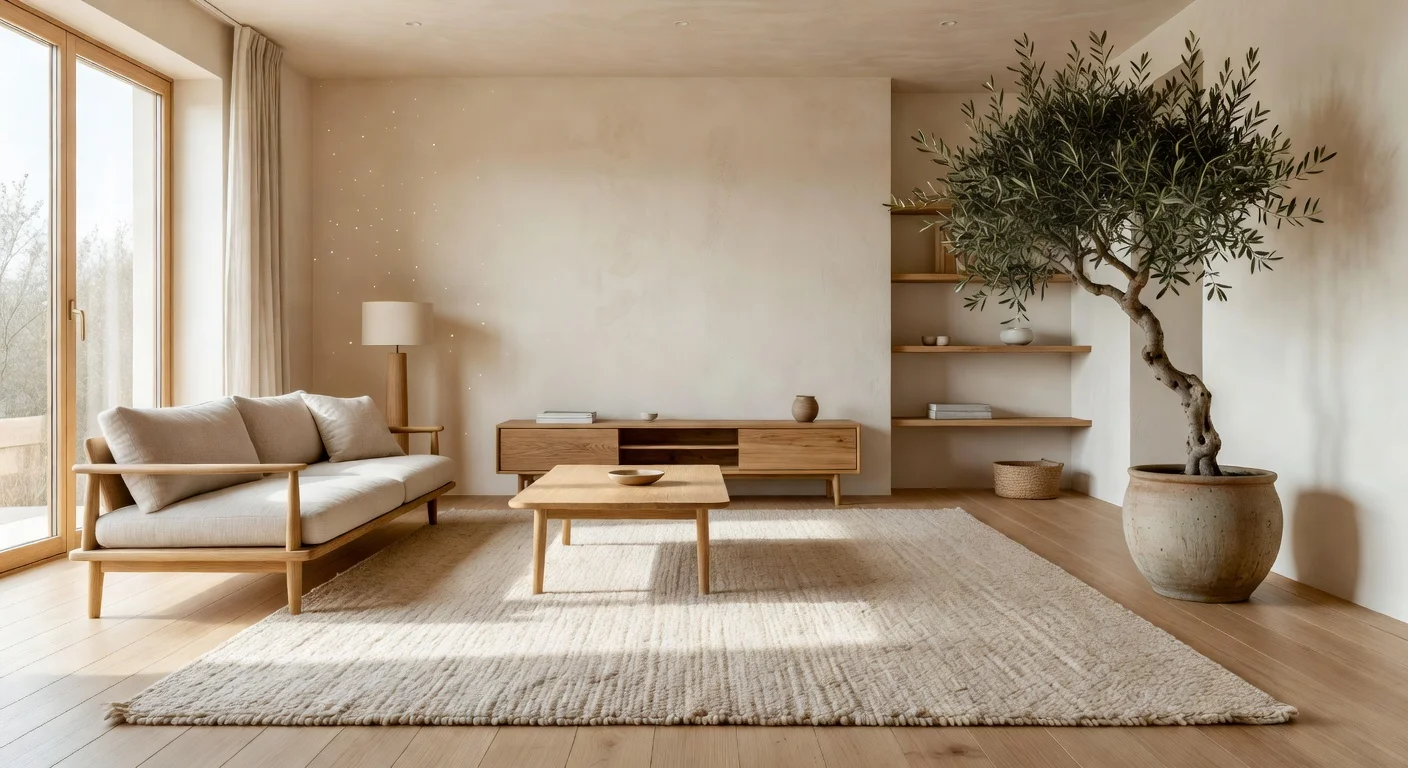 A well-lit, Japandi-styled high-end living room with a neutral top decor color palette.