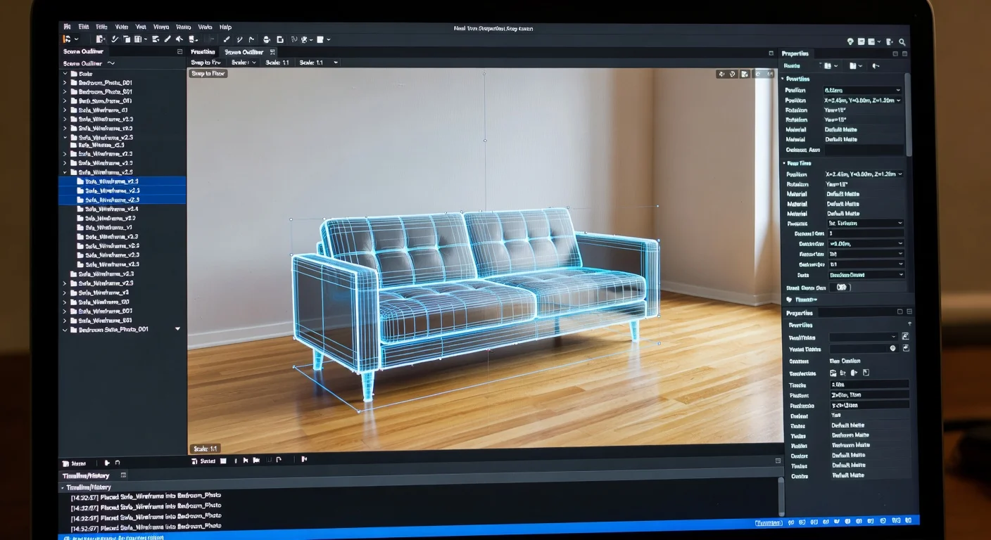 A designer using 3D modeling software to perform virtual staging on a bedroom photo.